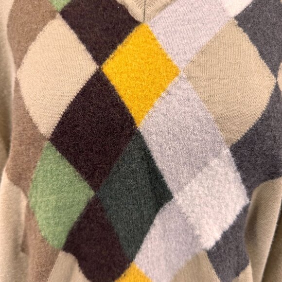 Marco Fiori Wool Argyle Sweater Mens XL Beige Green Italy Dark Academia Preppy - Picture 4 of 5